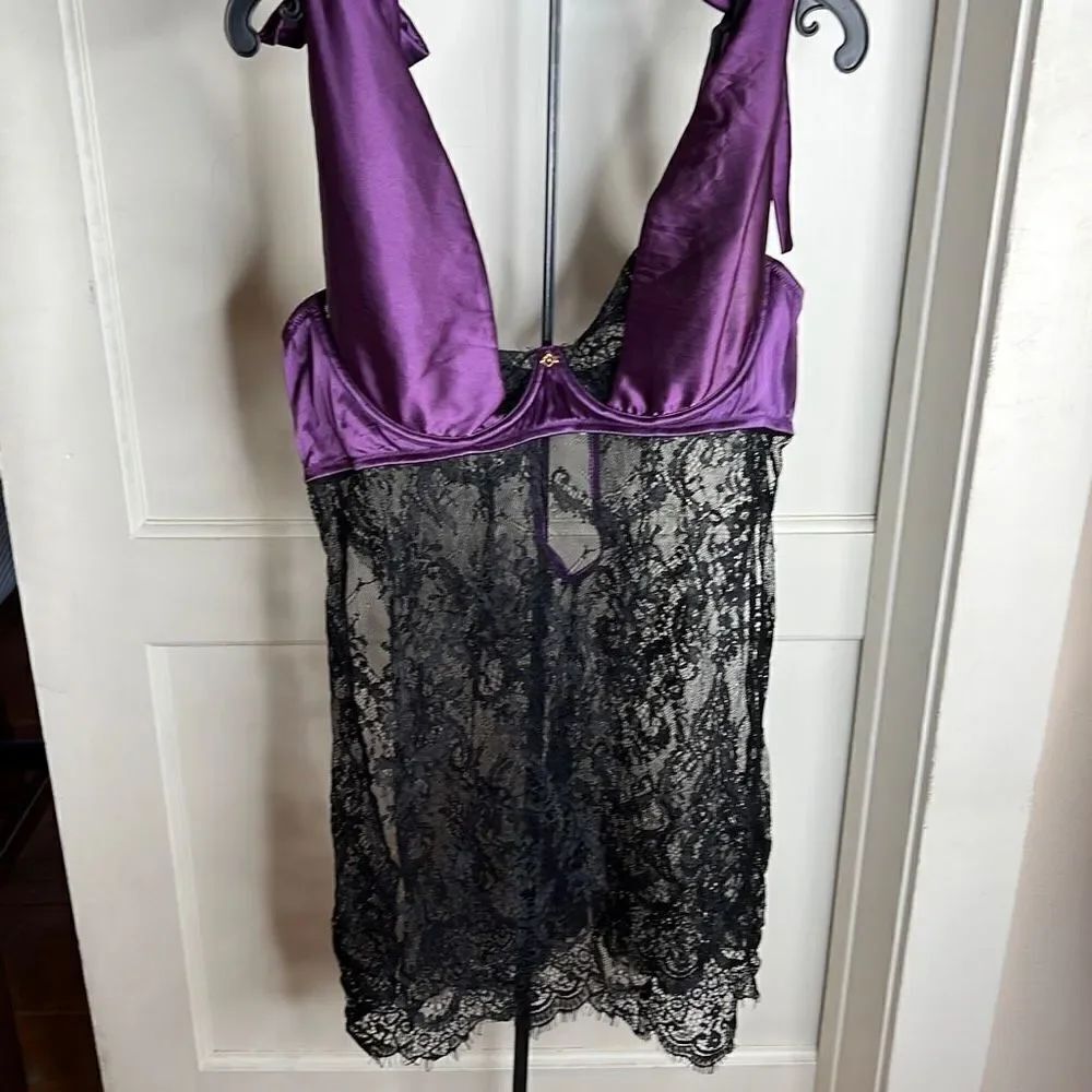 Dreamgirl Purple Satin Black Lace Slip Teddy + Panty Set Plus Size 1X New